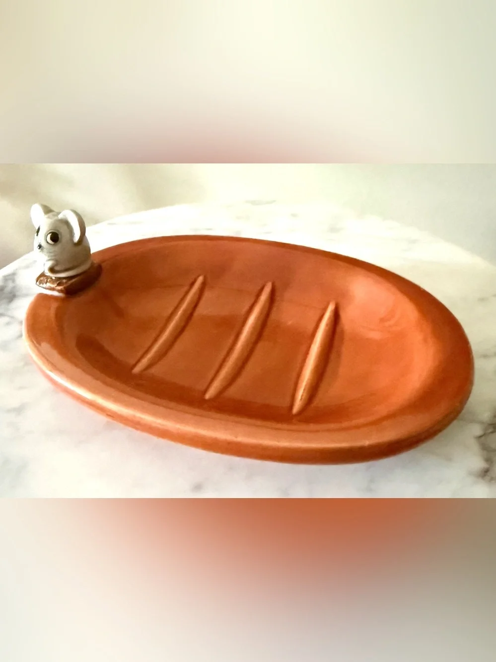 Whimsical Ceramic Orange Soap Dish with Mouse Accent